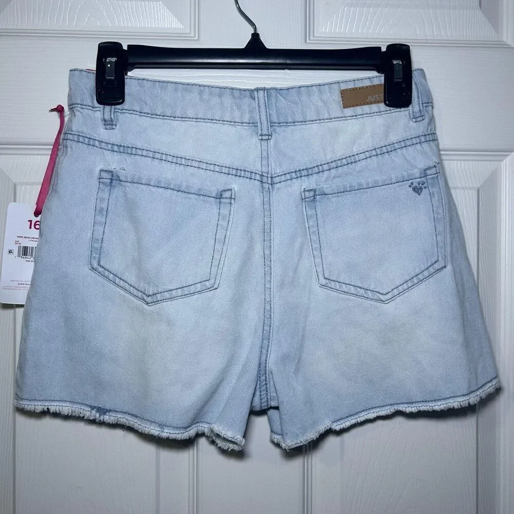 Justice Denim Shorts Girls 16 Blue Mini Distressed Raw Hem Zip Fly NWT